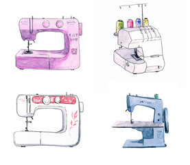 Watercolor illustration set of sewing machines