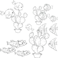 marine drawing of simple funny fish on a white background and a cactus in a pot,coloring book,vector illustration