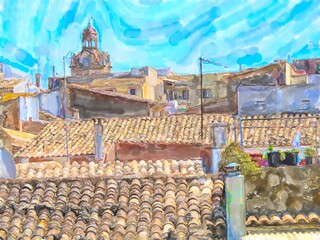 watercolor illustratiion of village Alcudia in Mallorca island. Spain.
