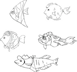 marine drawing of simple funny fish on a white background,coloring book,vector illustration