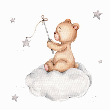 Naklejka Cartoon teddy bear sitting on cloud and catching stars  watercolor hand draw illustration  can be used for kid posters  with white isolated background