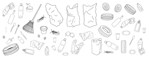 Set of garbage and bags isolate on white background. Vector illustration.