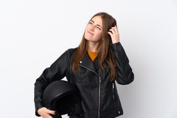 Woman with a motorcycle helmet having doubts and with confuse face expression