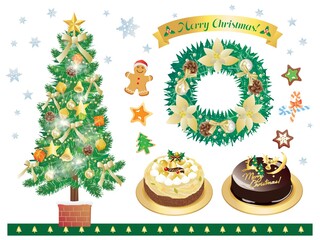 クリスマスツリーとリースとケーキのセット　金