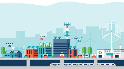 Smart city with future transportation, alternative and renewable energy, urban farming and smart waste management.