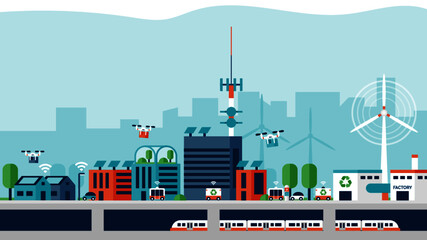 Smart city with future transportation, alternative and renewable energy, urban farming and smart waste management.