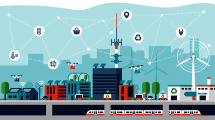 Smart city with future transportation, alternative and renewable energy, urban farming and smart waste management.