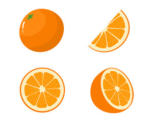 Collection of whole, cut half, slice tagerine or orange. Citrus illustration. Vector isolated on white