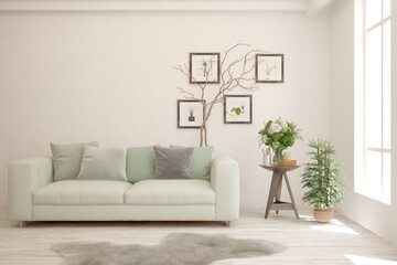 White living room with sofa. Scandinavian interior design. 3D illustration
