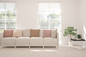 White living room with sofa and summer landscape in window. Scandinavian interior design. 3D illustration