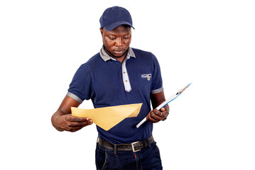 young delivery man holding an envelope and an order list.