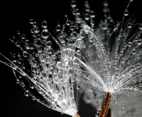 Macro shot of water droplets on dandelions.