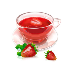 Photo realistic glass Cup of strawberry tea with strawberries isolated on a white background. Vector.