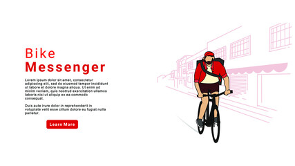 Bicycle delivery logistics courier. Bike messenger bearded male character hipster style. Bike messenger.  Landing page. Trendy Character Design Illustration - Vector