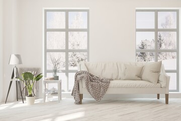 White living room with sofa and winter landscape in window. Scandinavian interior design. 3D illustration
