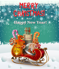 Santa sleigh with cute christmas gifts on Christmas background.Merry Christmas and Happy New Year poster.