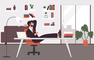 Businessman resting, tea time in office work vector illustration. Cartoon business worker man character in suit drinking tea, taking break, sitting at workplace, table with laptop in office interior