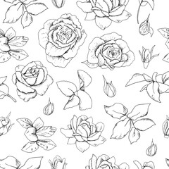 Seamless black and white Rose Pattern. Excellent for fabric, wallpaper, gift boxes, background greeting cards and invitations