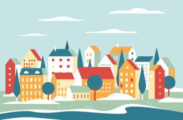 Obraz na płótnie Canvas City landscape vector illustration. Cartoon minimal geometric flat style cityscape, colorful urban skyline with residential town buildings in line, nature trees and clouds in sky, river background