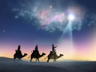 Fototapeta na wymiar Christian Christmas scene with the three wise men and shining star, 3d render 