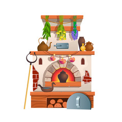 Obraz premium Traditional Russian stove with a poker, pots, dry herbs, mushrooms, kettle, ladle. Cartoon flat vector illustration isolated on white background.