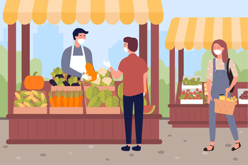 People buy vegetables and fruits at farm market vector illustration. Cartoon farmer vendor and buyer characters wearing face masks, safe grocery shopping with protective measures against coronavirus