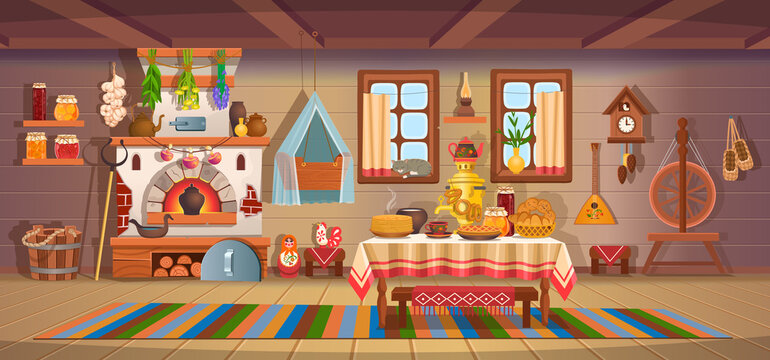 The interior of an old Russian hut with old baby cradle, russian stove, spindle, samovar, dry herbs,balalaika, matryoshka, bast shoes, jam, wooden bucket, windows, door.Old kitchen interior.Сartoon