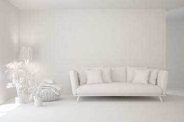 White minimalist living room with sofa. Scandinavian interior design. 3D illustration