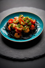 delicious fried shrimp with black spaghetti noodles