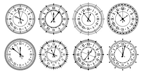 Vintage wall clocks with roman numerals outline icons set. Clockfaces with ornamental round frames.