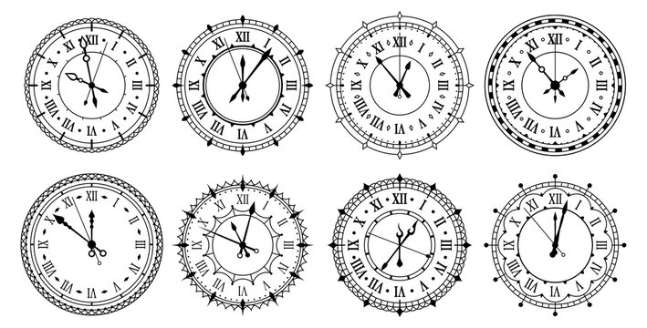 Vintage wall clocks with roman numerals outline icons set. Clockfaces with ornamental round frames.