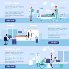 People in hospital departments vector illustration set. Cartoon man woman doctor and nurse working with patients in gynecological or surgical ward department, laboratory tomography scanner background