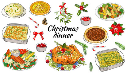 Vector illustration of traditional Christmas dishes isolated on white background. Holiday food. Classic New Year eating. Main course and garnish.