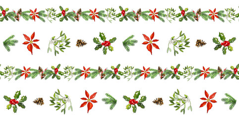 Vector seamless pattern with cone, fir branches, Holly, poinsettia, caramel cane, mistletoe isolated on white. Traditional christmas symbols