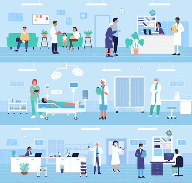 Hospital Clinic Office Departments Interior Vector Illustration Set. Cartoon Medicine Staff, Man Woman Doctors Work In Medical Laboratory, Reception, Treat Sick Patients In Surgeon Ward Background