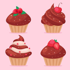 Chocolate cupcakes with strawberries, raspberries, cherries, currants. Valentine's Day cupcakes. Vector illustration