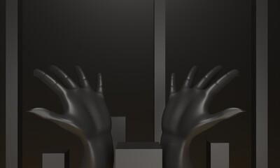 Open hand palm near podium, base for product promotion. Luxury Black dark background. Cubic pedestals, solid color human hands - 3d render illustration. Sculptural composition for creative advertising
