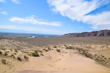 Widest view from above. Singing dune (Sand dune) in the Altyn Emel Nationalpark, Kazakhstan