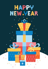 Vector illustration for the new year for poster, background, card. Pile of colorful gift boxes on the background night sky with stars. Happy new year greeting text. Festive stack of Christmas presents
