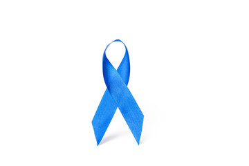 Blue ribbon. Awareness of men health in November with blue prostate cancer ribbon isolated on white background. Symbol of oncology affected man. Copy space.