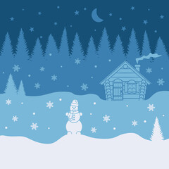 Illustration with layers, forest, house, snowman and starry sky. Winter vector background.