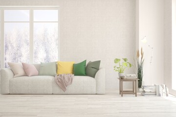 White living room with sofa and winter landscape in window. Scandinavian interior design. 3D illustration