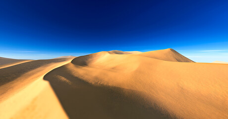 Fototapeta na wymiar Beautiful sand dunes. Desert landscape with sun. Desert landscape panorama. sunset or sunrise over the sands, 3D rendering