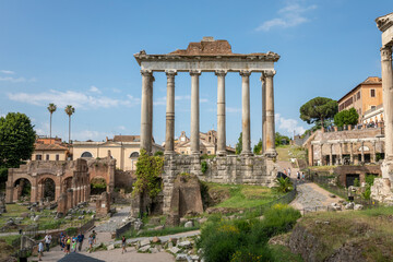 Panoramic view of temple of Vespasian and Titus is located in Rome