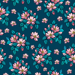 Seamless pattern with pink rose hips painted with gouache on a dark blue background. For wrapping paper, wallpaper, textiles, fabrics, postcards and more.
