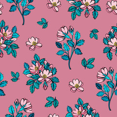 Seamless pattern with pink rosehip flowers painted with gouache on a dark pink background. For wrapping paper, wallpaper, textiles, fabrics, postcards and more.