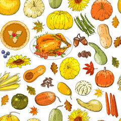 Thanksgiving Day seamless pattern with turkey, colorful pumpkins, vegetables, fruits, berryes and autumn leaves. Vector illustration.