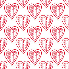 Seamless pattern of cute hearts with black lines on a white background. Nice, funny drawing. Vector.