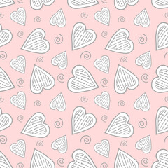 Seamless pattern of cute pink hearts with twists on a pink background. Nice, funny drawing. Vector.