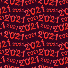 Watercolor seamless pattern. Happy holiday. Hand draw lettering. Symbol year 2021. Red lettering 2021 on a dark background.